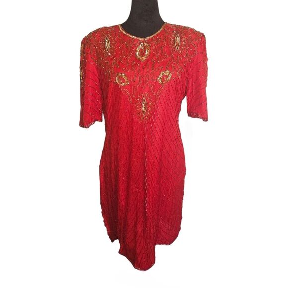 Vintage Mark & John by Sam Red 100% Pure Silk Beaded Sequined  Dress Size L - Picture 1 of 9